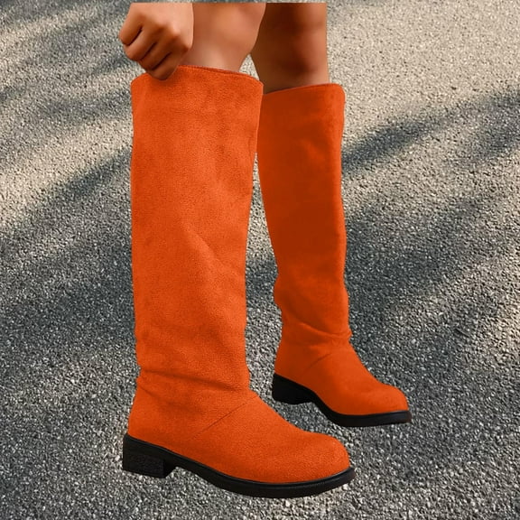 Roncen Women's Suede Knee High & Mid-Calf Boots - Low Heel Fashion Casual Autumn Winter Booties with Versatile Stacked Heel for Everyday Wear