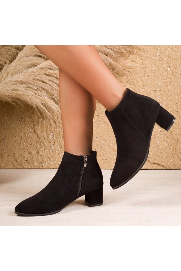 Women's Suede Pointed Toe Ankle Boots - Wide Width Chunky Heel Fall Winter Style Comfortable Height Increase Calf-Length Low Heel Boots
