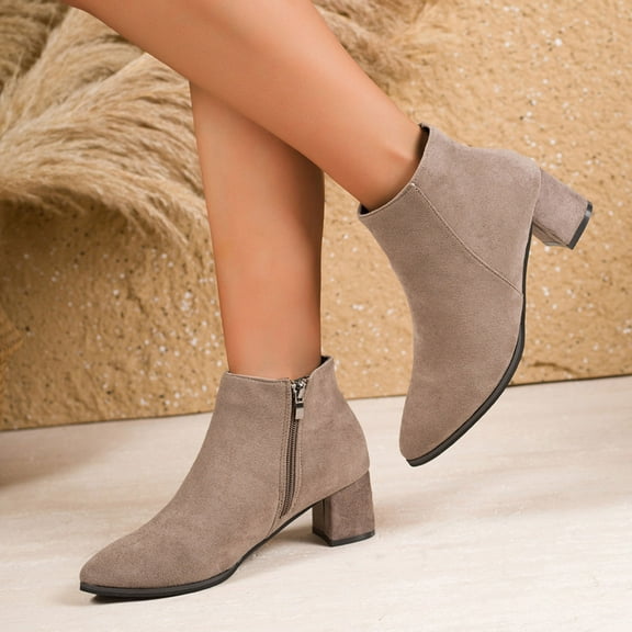 Roncen Women's Suede Pointed Toe Ankle Boots - Wide Width Chunky Heel Fall Winter Style Comfortable Height Increase Calf-Length Low Heel Boots