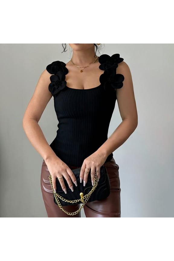 Women's Summer 3D Floral Fitted Tank Top Scoop Neck Sleeveless Ribbed Knit Tops