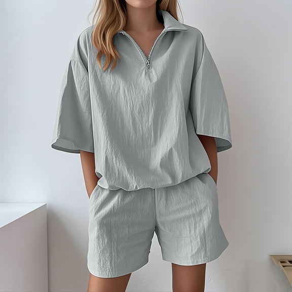 Roncen Women's Summer Casual 2-Piece Set - Short Sleeve Round Neck T-Shirt & Lounge Shorts, Solid Color Relaxed Fit Outfit for Daily Wear
