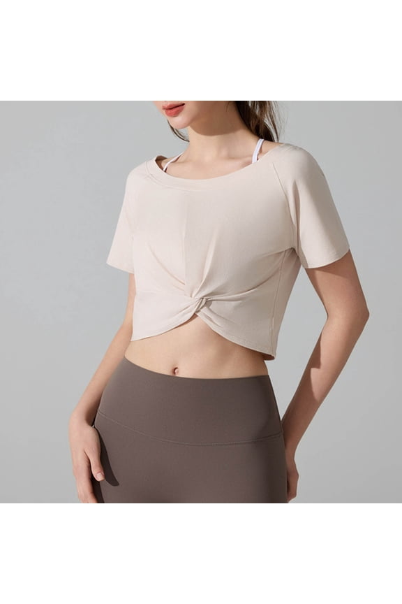 Women's Summer Causal Short Sleeve Blouse Round Neck Crop Tops Twist Front Tee T-Shirt