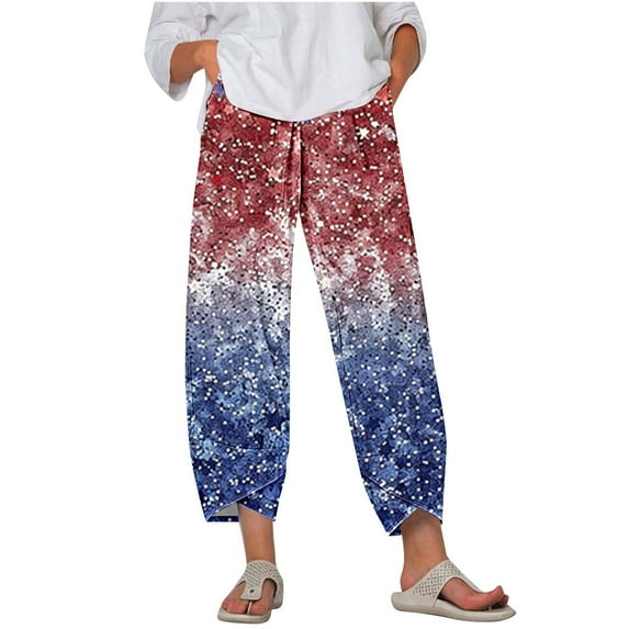 Roncen Women's Summer Printed Capri Pants - Comfortable Loose Fit Wide Leg Trousers with Casual Style & Patriotic Design