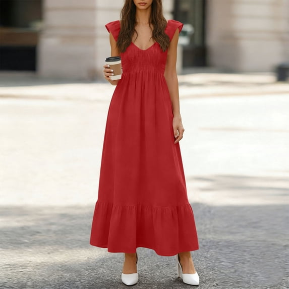 Roncen Women's Summer Ruffle Maxi Dress Cute Deep V Neck Cap Sleeve Flowy Dresses Beach Vacation Clothes