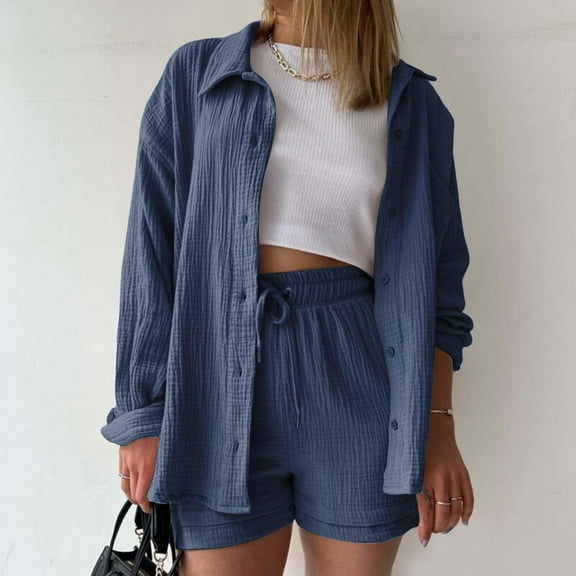 Roncen Women's Summer Two-Piece Set - Long Sleeve Shirt with Turn-Down Collar & High-Waisted Drawstring Shorts Casual Outfit