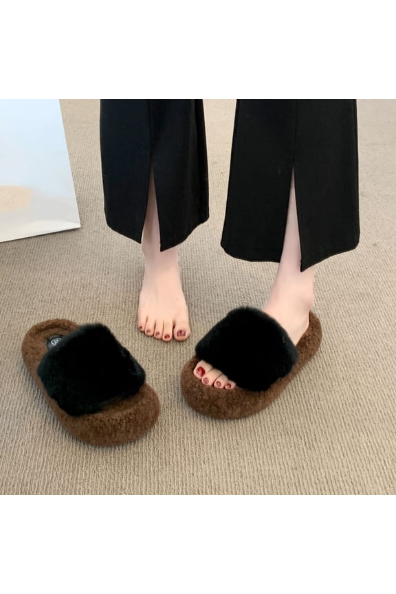 Women's Sweet & Cool Letter Plush Slippers - Fleece-Lined Thick Sole Platform House Shoes with Multi-Color Options for Autumn/Winter Cozy Home Wear