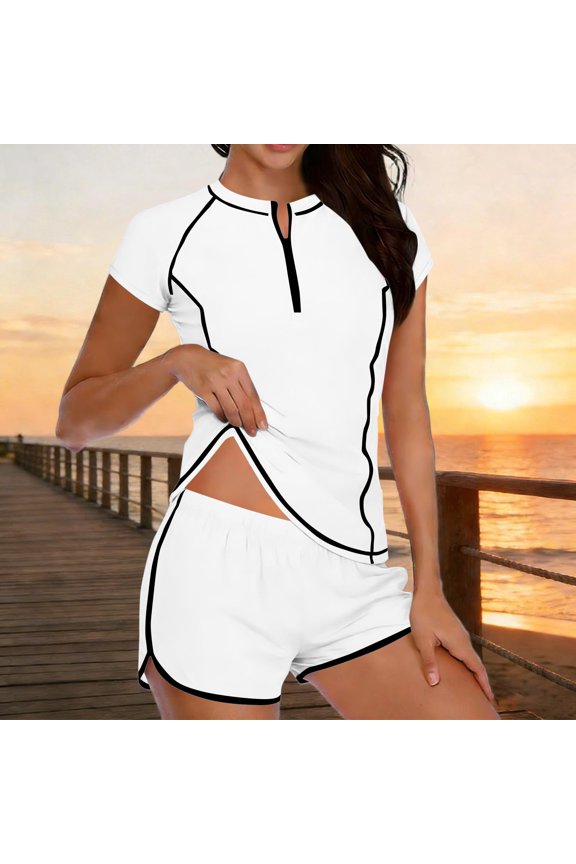 Women's Swimsuit Rash Guard Bathing Suit 2 Piece Short Sleeve Solid Color UPF 50+ Padded Zip Swimwear