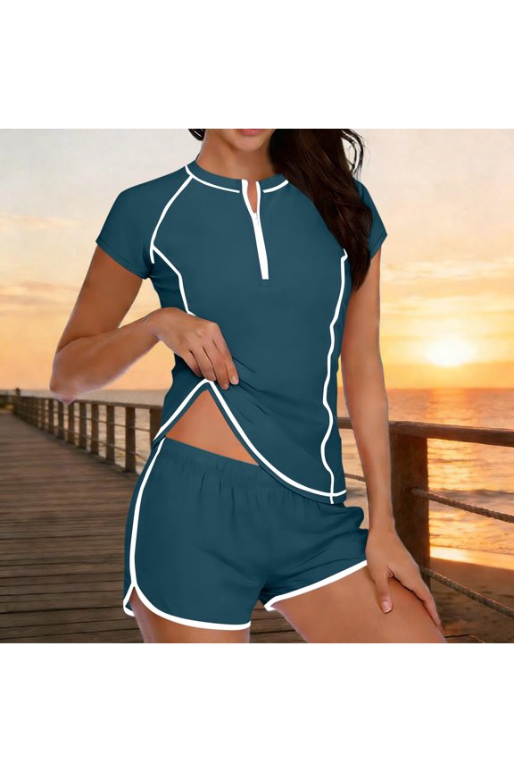 Women's Swimsuit Rash Guard Bathing Suit 2 Piece Short Sleeve Solid Color UPF 50+ Padded Zip Swimwear