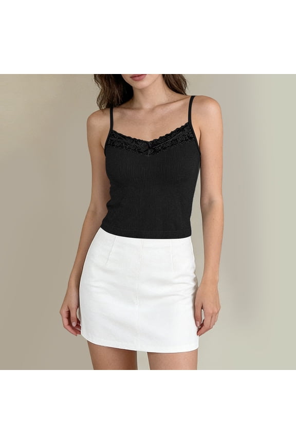 Women's Tank Tops Cute Slim Fitted Ribbed Knit Bow Lace Camisole Top Sexy Summer Square Neck Sleeveless Going Out Tops