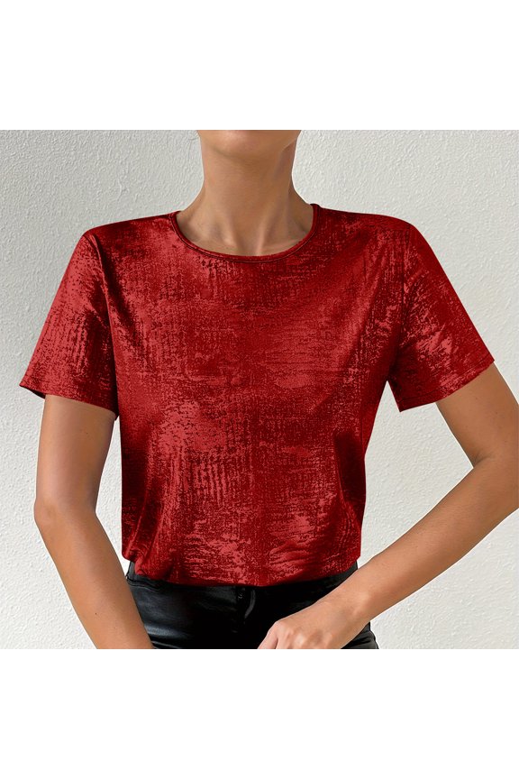 Women's Textured Top, Crinkle Velvet Short Sleeve Shirt with Metallic Sheen for Casual Wear