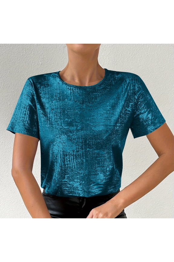Women's Textured Top, Crinkle Velvet Short Sleeve Shirt with Metallic Sheen for Casual Wear