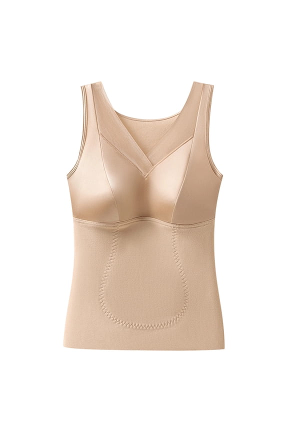 Women's Thermal Underwear Top - Solid Color V-Neck Lace Trim Built-in Bra Warm Base Layer - Seamless Everyday Wear Essentials for Cold Weather