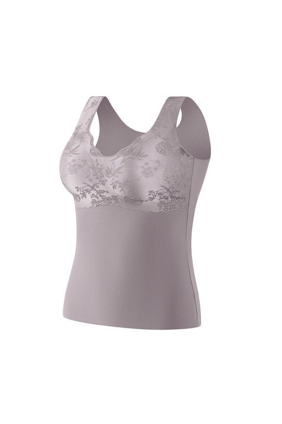 Women's Thermal Vest with Built-in Bra, Fleece Lined Seamless Tank Top, Printed Warm Sleeveless Undershirt
