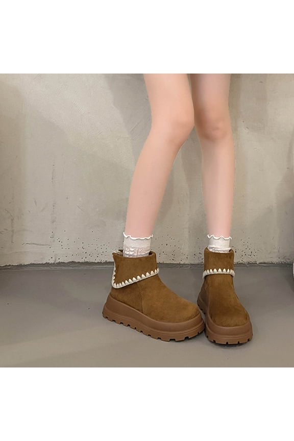 Women's Thick Sole Winter Boots - Warm Cotton Lined Slip Resistant Ankle Booties with Comfortable Height Increase for Wide Width, Low Heel Casual Cold Weather Shoes