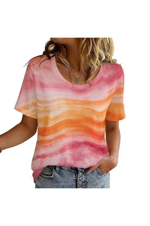 Women's Tie Dye Short Sleeve Tee Crewneck Summer T Shirt Multicolor