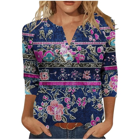 Roncen Women's Tops - Casual Loose Fit Round Neck 3/4 Sleeve T-Shirt Pullover Blouse for Everyday Wear, Flowy and Comfortable