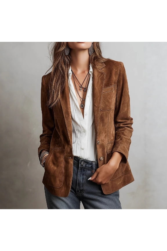 Women's Turn-Down Collar Flap Pockets Snap Button Faux Suede Jacket