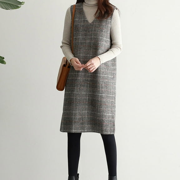 Roncen Women's Tweed Sleeveless Dress - Classic A-Line Vest Pinafore Dress with Lapel Collar for Fall Winter Office Wear