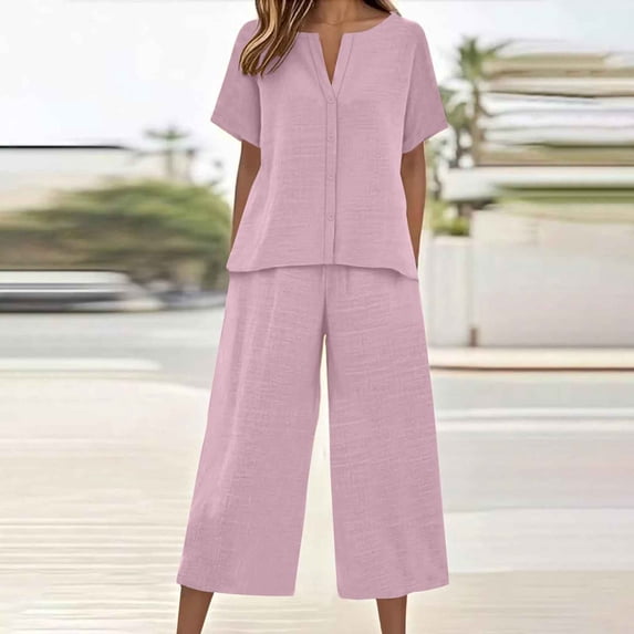 Roncen Women's Two-Piece Set - Linen-Blend Button-Down Top & Wide-Leg Pocket Pants, Casual Everyday Outfit