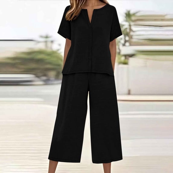 Roncen Women's Two-Piece Set - Linen-Blend Button-Down Top & Wide-Leg Pocket Pants, Casual Everyday Outfit