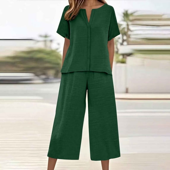 Roncen Women's Two-Piece Set - Linen-Blend Button-Down Top & Wide-Leg Pocket Pants, Casual Everyday Outfit