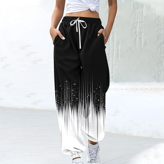 Roncen Women's Unique Placement Print Joggers - Abstract Design Drawstring Pants, Loose Fit Elastic Cuff Sweatpants for Street Style & Lounge