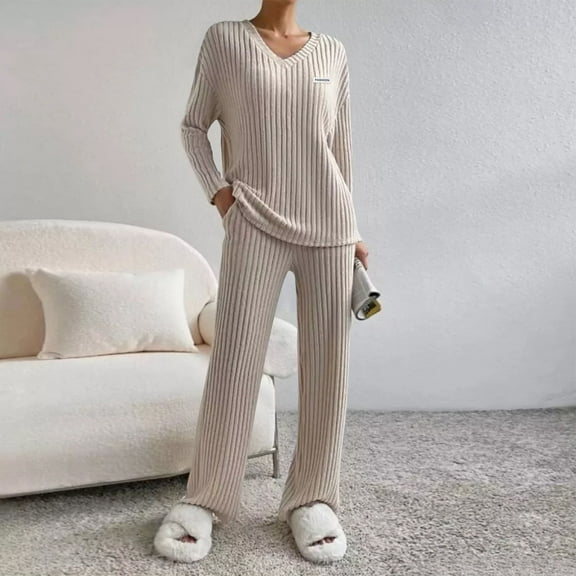 Roncen Women's Solid Color V-Neck Pullover & Casual Trousers 2-Piece Set - Long Sleeve Shirt and Pants Outfit with Loose Fit for Everyday Wear