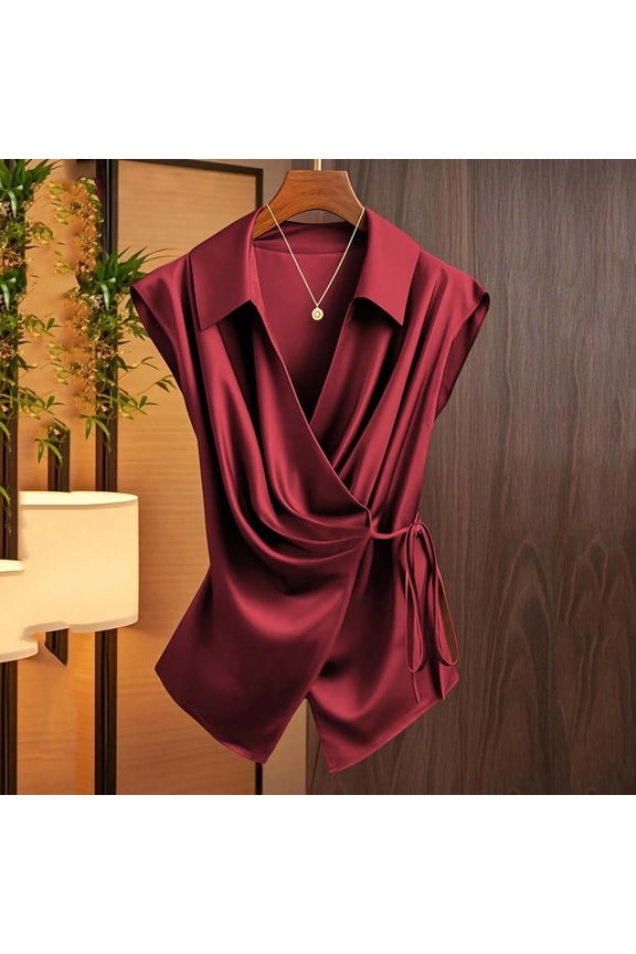 Women's V Neck Satin Blouse Wrap Tie Side Sleeveless Shirt Summer Business Casual Tops