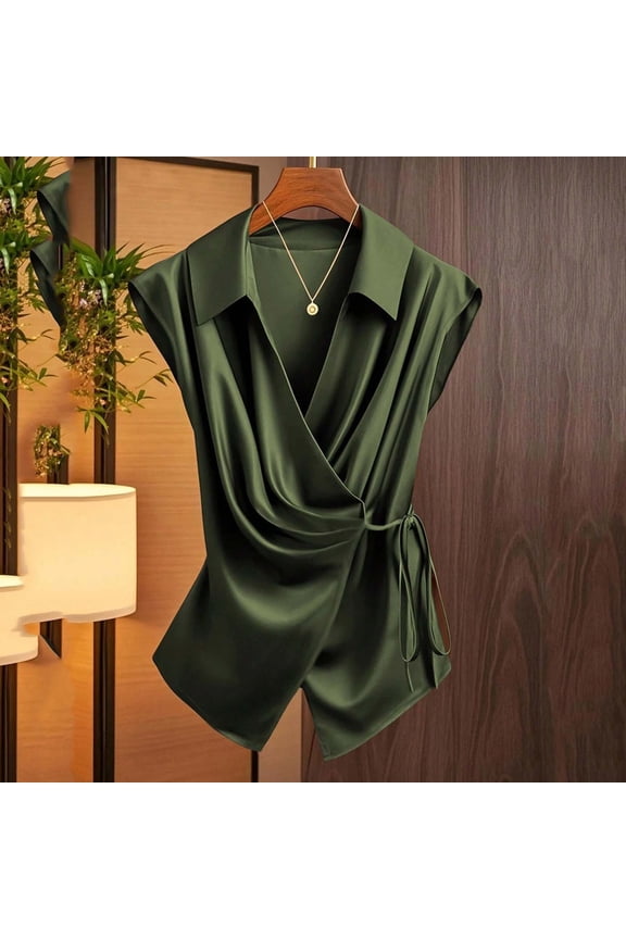 Women's V Neck Satin Blouse Wrap Tie Side Sleeveless Shirt Summer Business Casual Tops