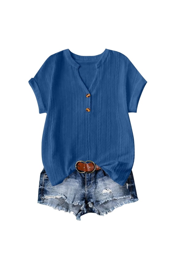 Women's V-Neck Short Sleeve Top with Amber Buttons, Textured Ribbed Knit Tee, Rolled Sleeve Casual Shirt for Spring Summer