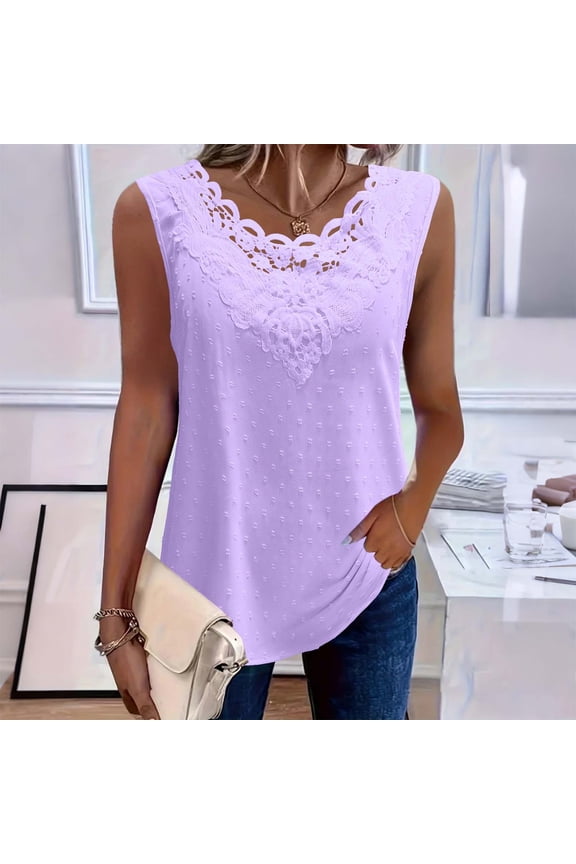 Women's V-Neck Sleeveless Top - Elegant Lace Trim Camisole with Allover Dot Texture for Spring & Summer