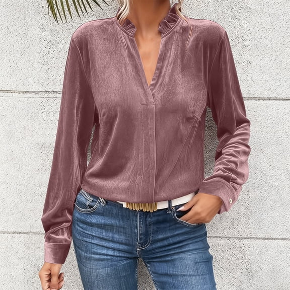 Roncen Women’s Velvet V-Neck Top, Long Sleeve Button Front Blouse with Ruffle Trim, Elegant Fitted Pullover