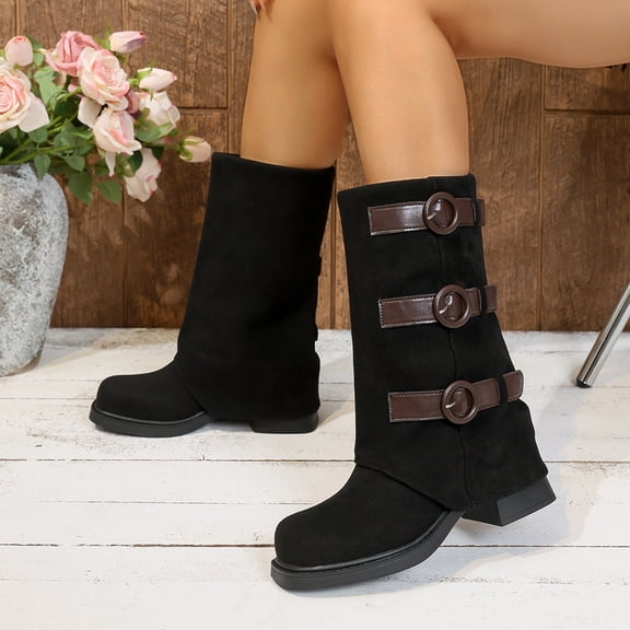 Roncen Women's Versatile Stylish Eye-catching Buckle Decorated Solid Color Plus Size Autumn Winter Comfort Mid Calf Fashion Boots - Low Heel Ankle Boots for Women with Height Increase Design