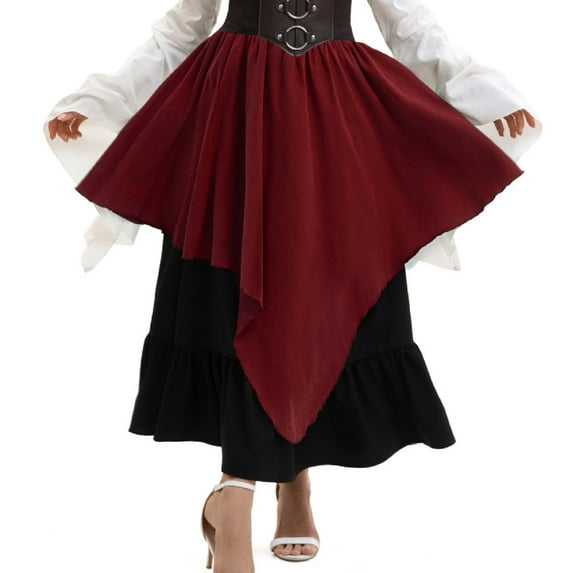 Roncen Women's Vintage Medieval Skirt - Solid Color A-Line Full Swing with Asymmetric Hemline, Retro Mid-Length Skirt for Renaissance Fairs and Themed Events
