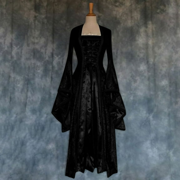Roncen Women's Vintage Medieval Velvet Bell Sleeve Court-Style Dress - Elegant and Regal Look