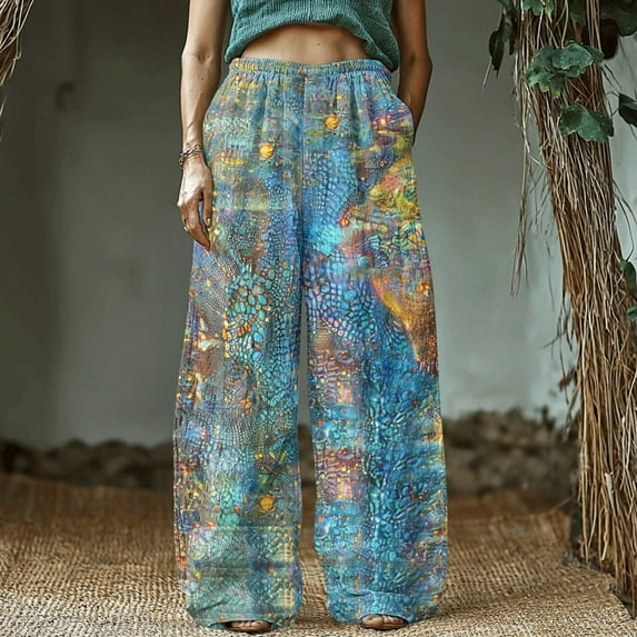 Roncen Women's Vintage Printed Cotton Linen Bohemian Pants - Elastic Waist Casual Trousers with Pockets