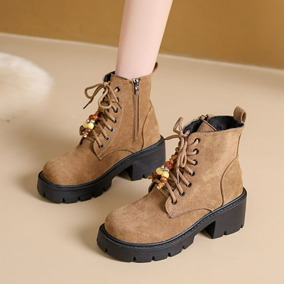 Roncen Women's Vintage Retro Martin Boots - Casual Chic Ankle Boots with Round Toe, Mid Heel, Bead Accents and Slimming Design, British-Inspired Style