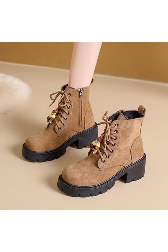 Women's Vintage Retro Martin Boots - Casual Chic Ankle Boots with Round Toe, Mid Heel, Bead Accents and Slimming Design, British-Inspired Style