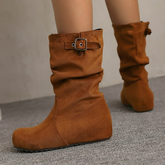 Roncen Women's Western Boots Suede Mid-Calf Retro Chunky Heel Platform Ankle Boots - Fashion Adjustable Buckle Strap Casual Cowgirl Boots for Women