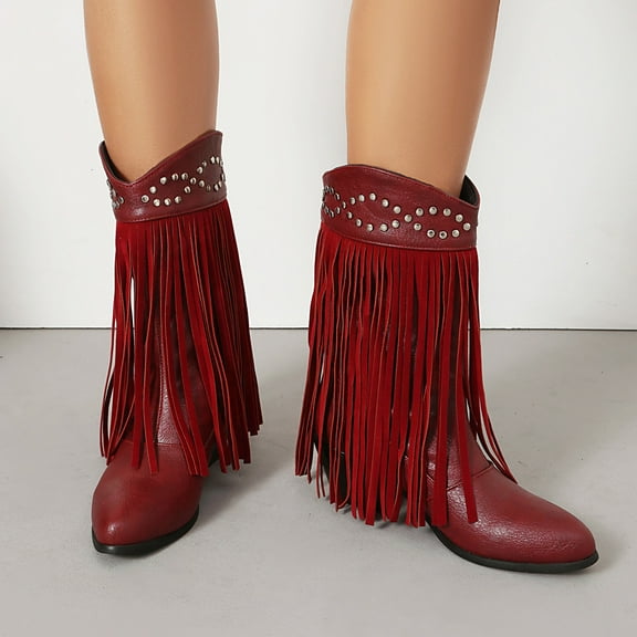 Roncen Women's Western Boots - Tassel & Metal Accents with Chunky Heel for Fall Winter Wear