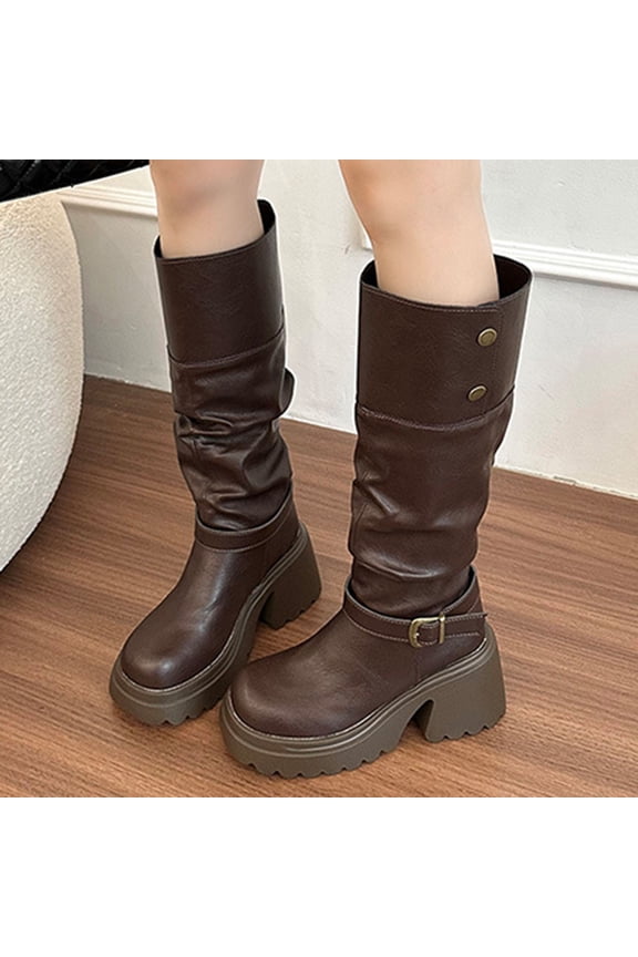 Women's Western Riding Boots Chunky Heel Mid Calf - Retro British Style Autumn Winter Fashion Casual Block Heel Stacked Martin Boots