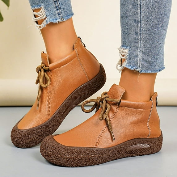 Roncen Women's Winter Casual Ankle Boots - Round Toe Lace-Up Flat Shoes with Soft Sole and Solid Color Design for Comfortable All-Day Wear