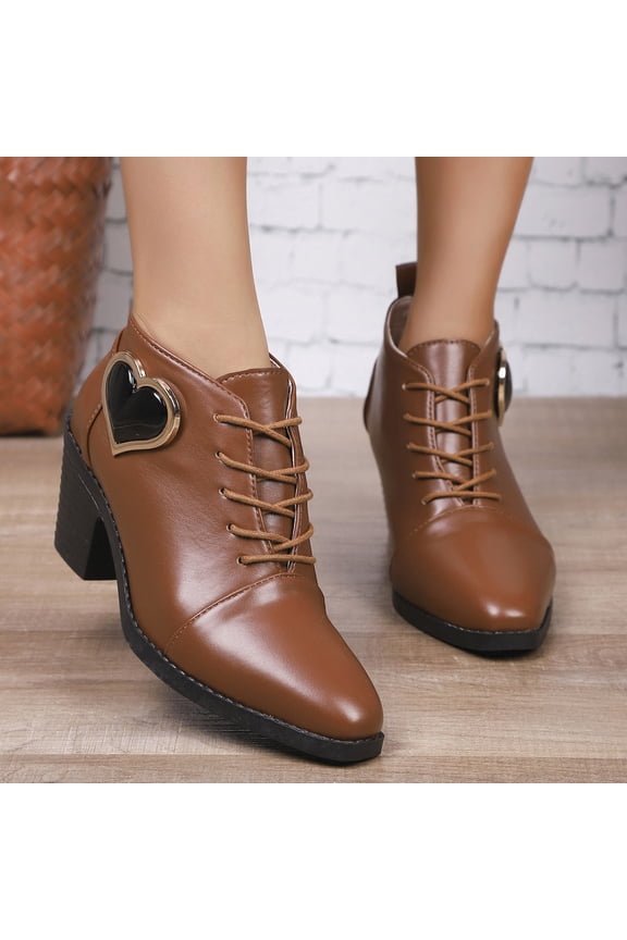 Women's Winter Casual Ankle Boots - Vintage Lace-Up Pointed Toe with Heart Accents Chunky High Heel Solid Color Professional Shoes