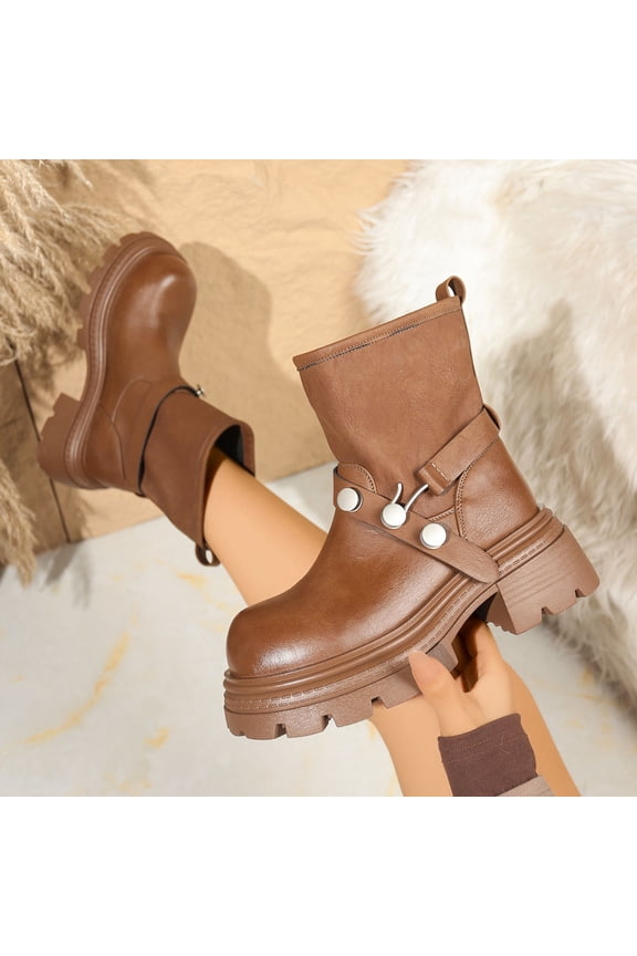 Women's Winter Casual British Style Ankle Boots - Round Toe Chunky Sole Block Heel High Heel Solid Color Thick Platform Fashion Booties for Daily Wear