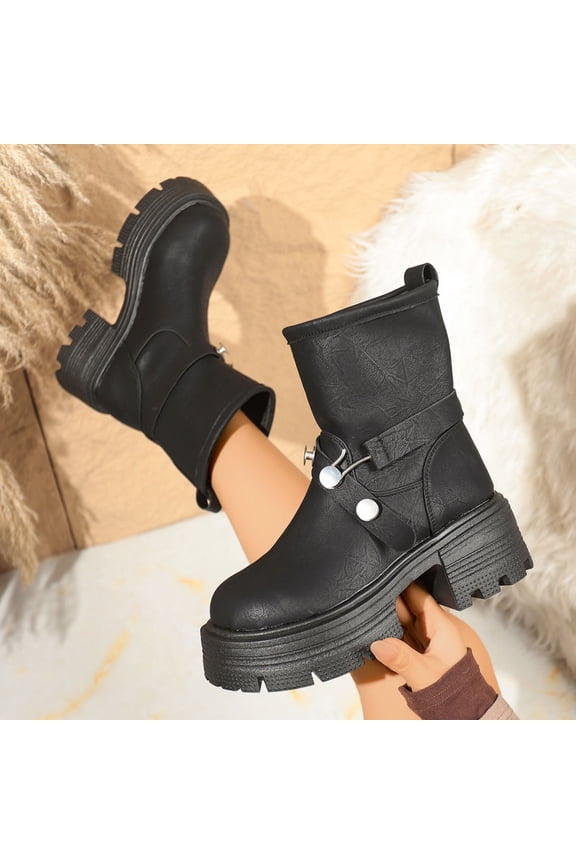 Women's Winter Casual British Style Ankle Boots - Round Toe Chunky Sole Block Heel High Heel Solid Color Thick Platform Fashion Booties for Daily Wear