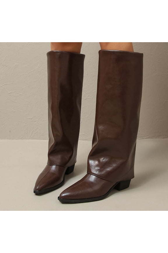 Women's Winter Casual Knee-High Boots - Solid Color Pointed Toe Chunky Low Heel Mid-Calf Boots with Fashionable Slouchy Shaft