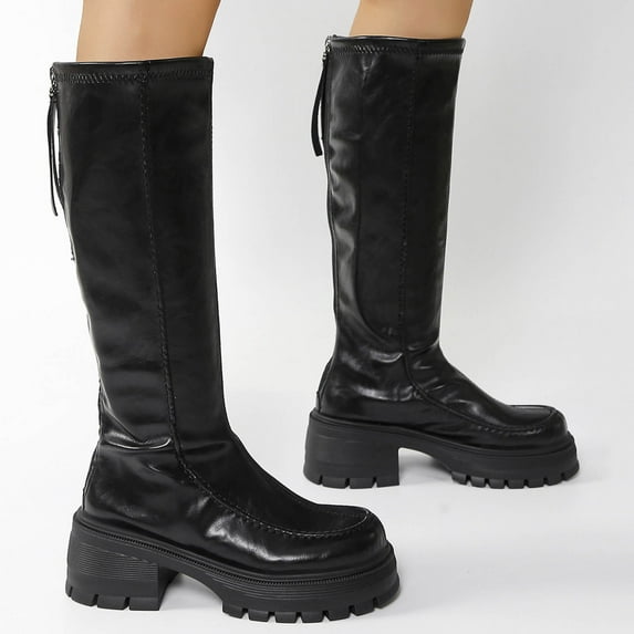 Roncen Women's Winter Casual Knee High Boots - Solid Color Round Toe with Rear Zipper, Chunky Low Heel Mid-Calf Boots for Comfort and Style