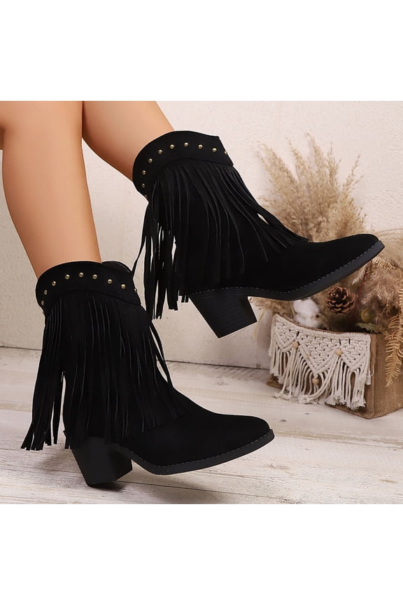 Women's Winter Casual Retro Suede Mid-Calf Boots - Solid Color Pointed Toe with Studded Rivets and Fringe Details, Chunky Block Heel Mid Height for Stylish Comfort