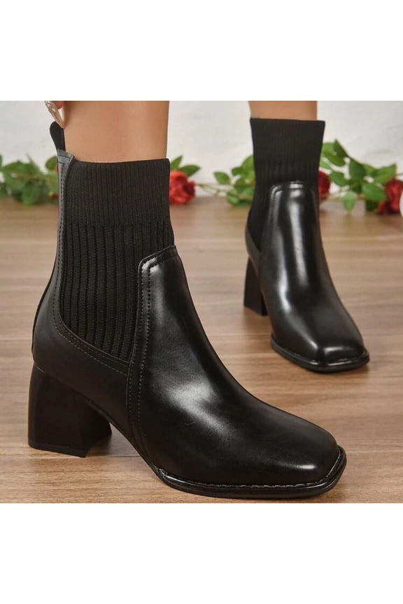 Women's Winter Casual Square Toe Knit Ankle Boots - Elastic Cuff Chunky High Heel Booties with Solid Color Block Design