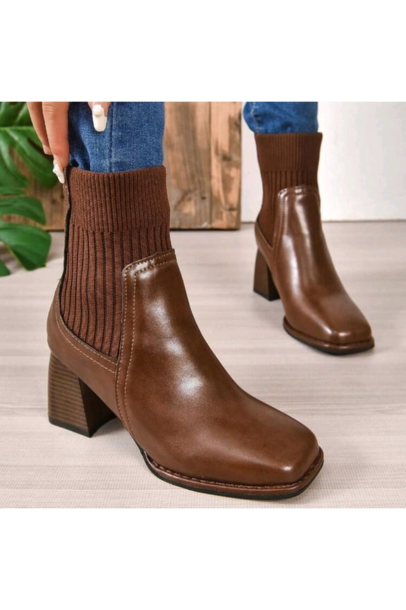 Women's Winter Casual Square Toe Knit Ankle Boots - Elastic Cuff Chunky High Heel Booties with Solid Color Block Design